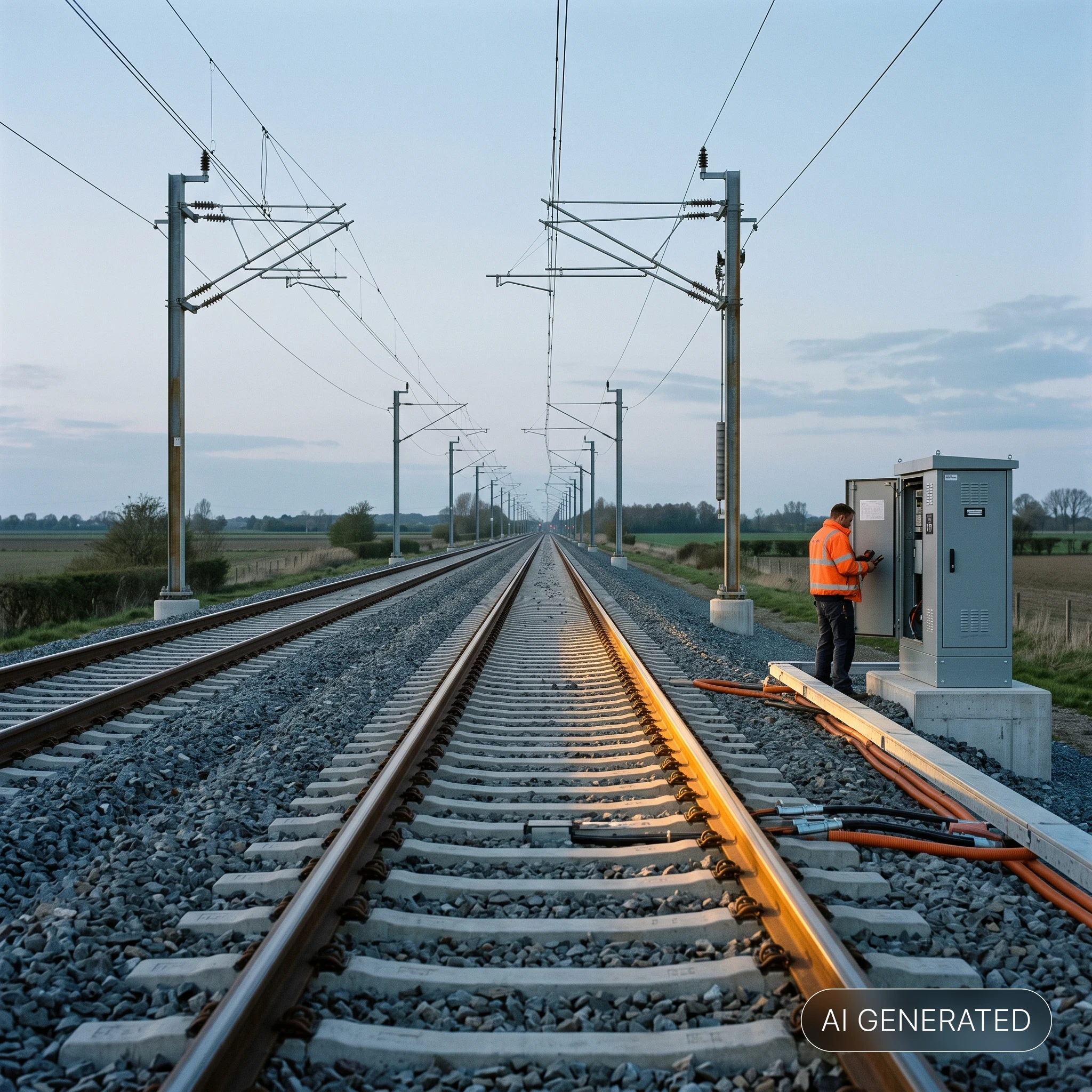 Bahngleise mit Oberleitungen und Techniker an einem Signalschaltkasten