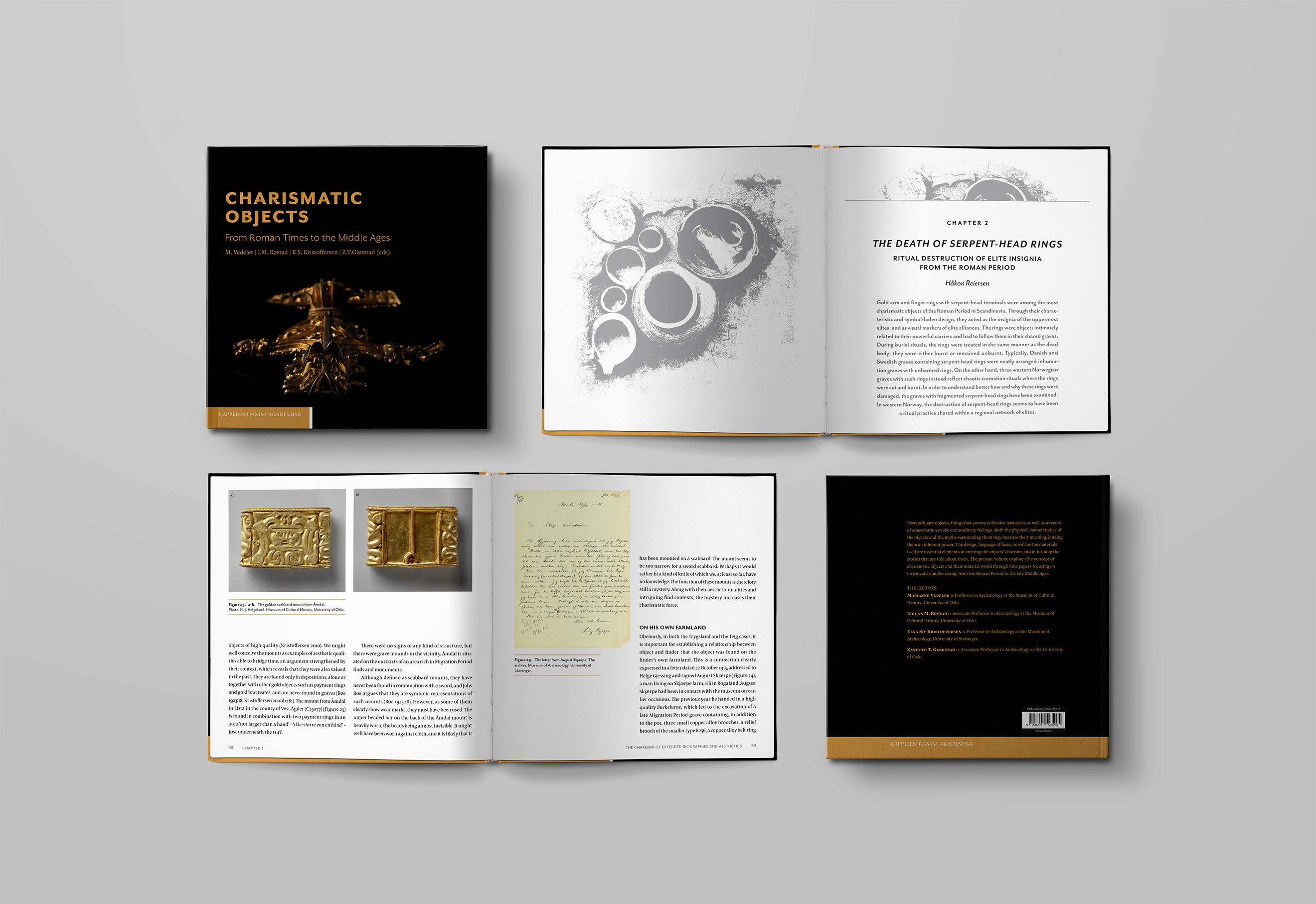 Rozkładówka książki z ilustracjami, tekstem i okładką Charismatic Objects.