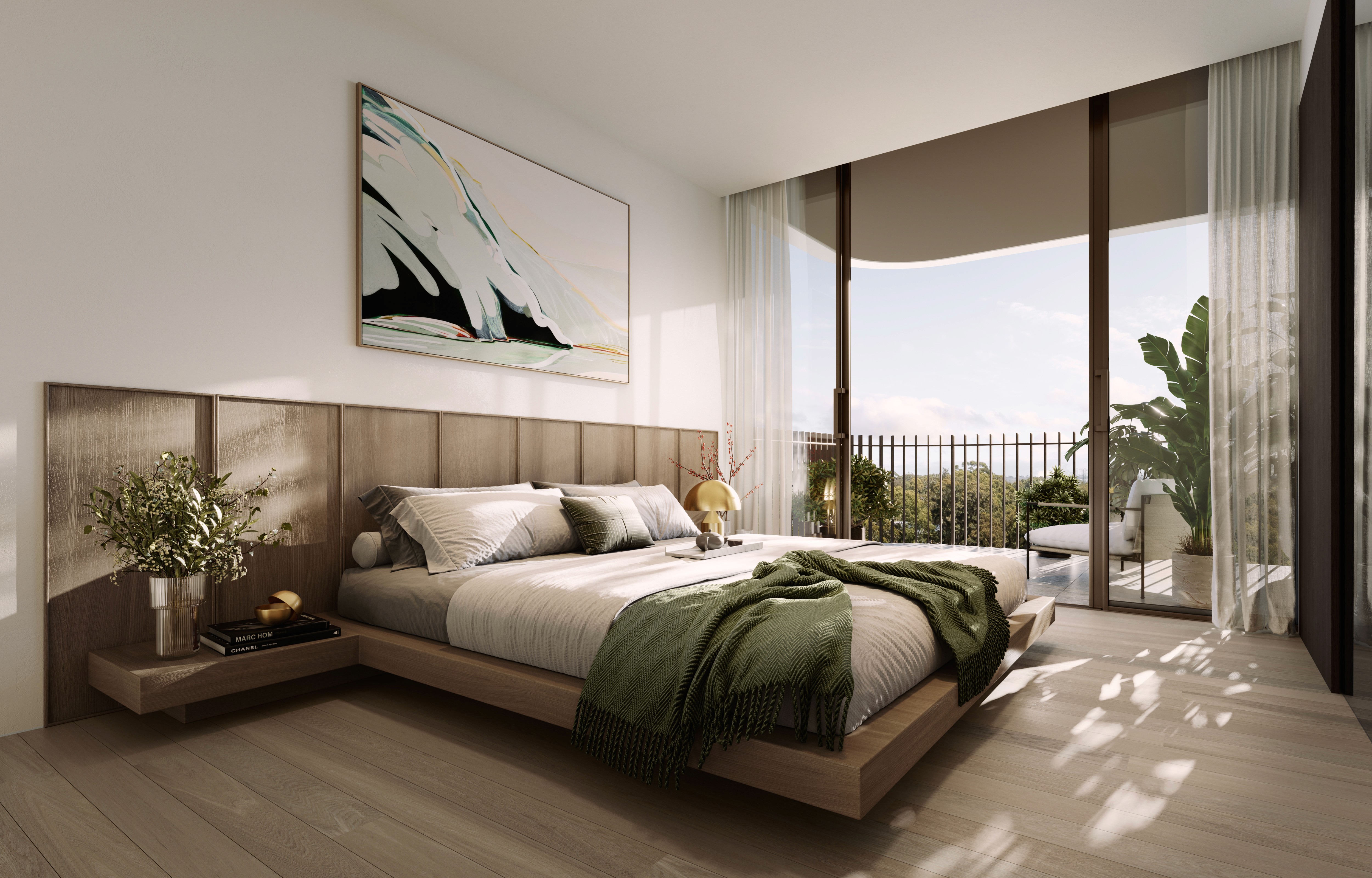 Coposit, Buy with $10K, Off the Plan Sydney. Macquarie Rise bedroom with large windows, balcony access, soft natural light, and premium contemporary design.