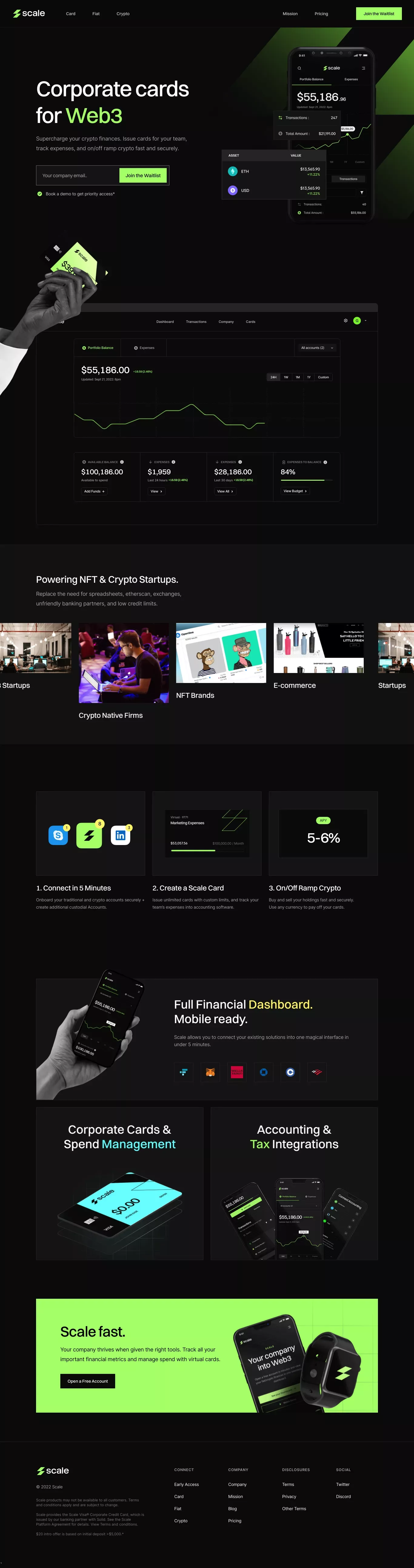 Scale landing page screenshot showcasing Tech and Finance design