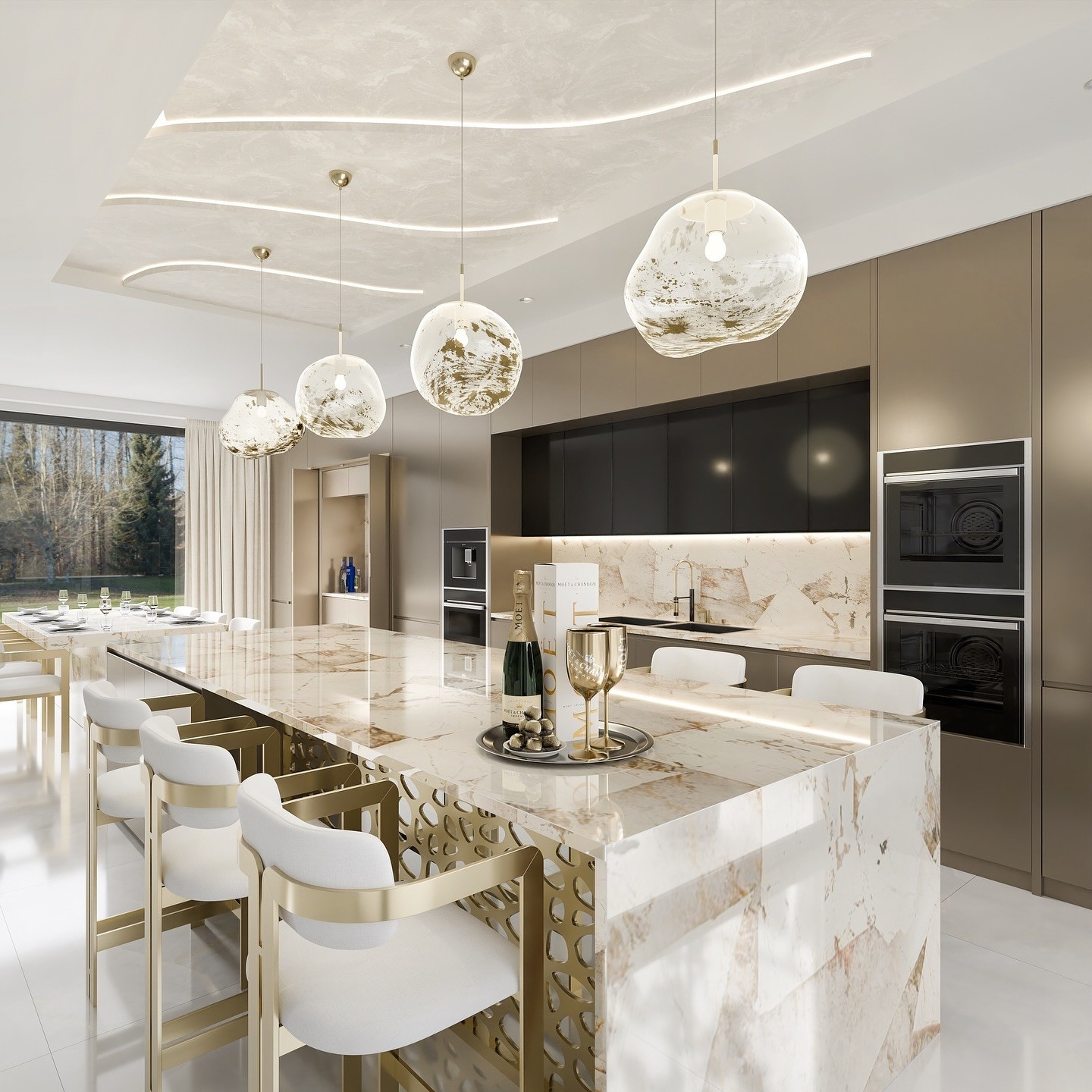 Dining area with bottles hanging from ceiling