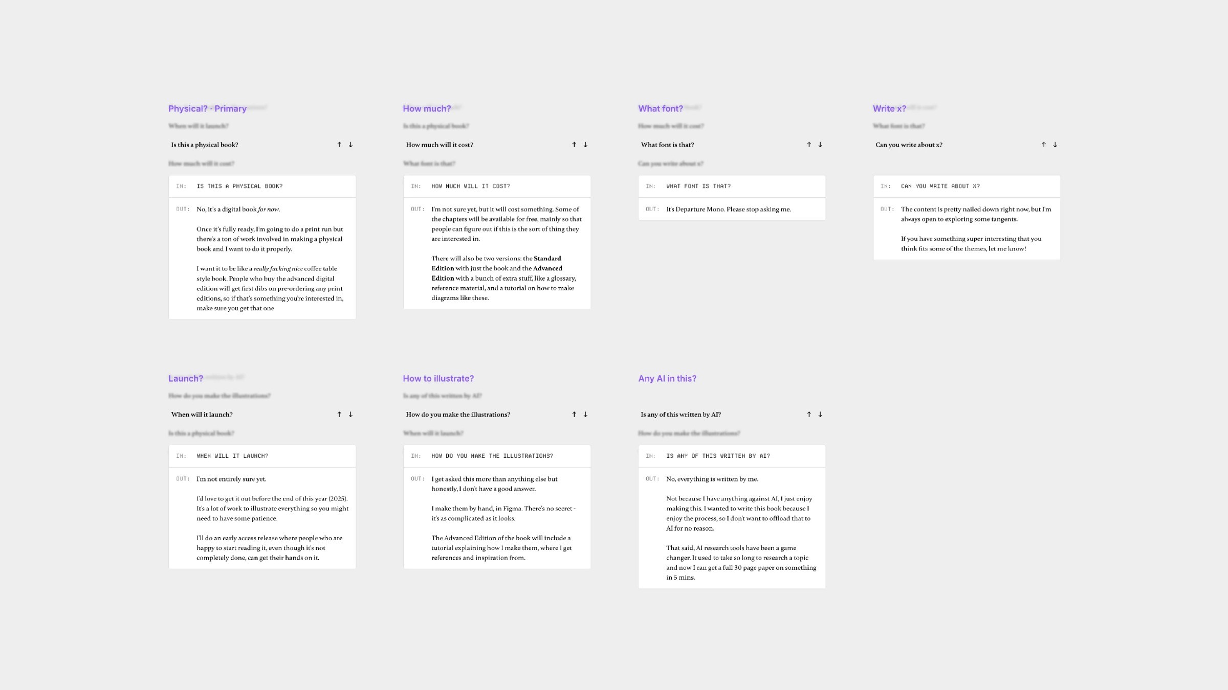 Grid of multiple minimalist FAQ cards with question-answer layouts