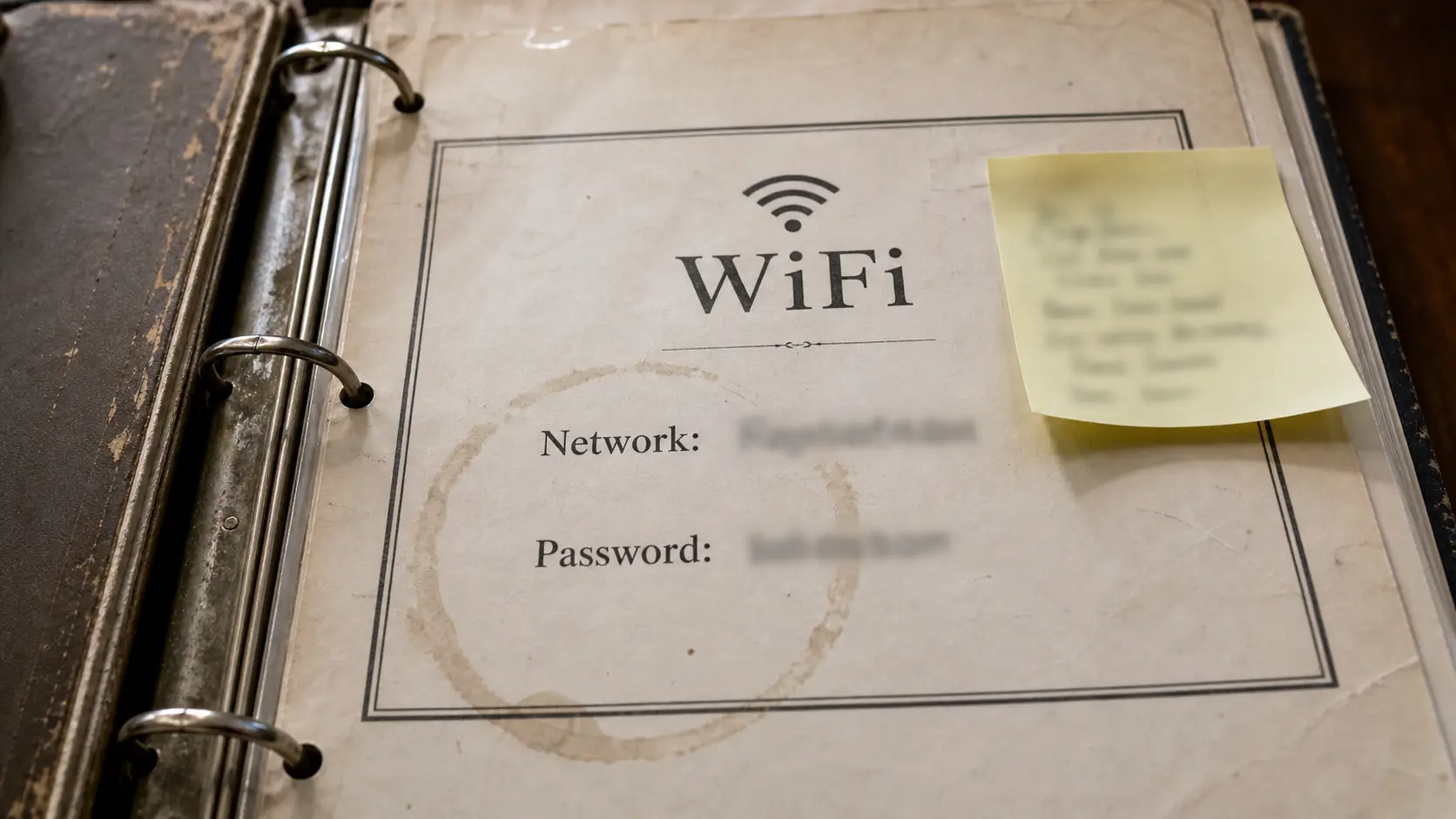 Worn Airbnb binder WiFi page with a coffee ring and a sticky note correction.
