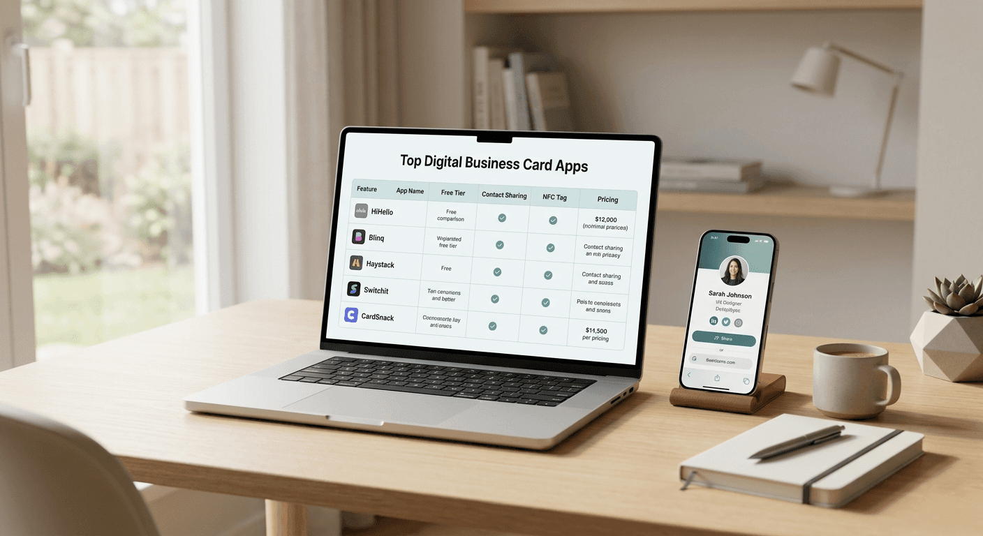 Comparison of digital business card platforms for real estate agents on laptop and phone