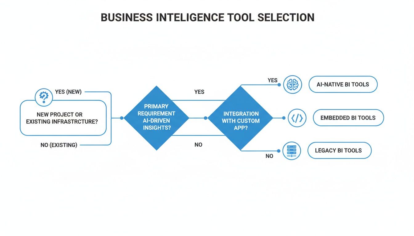 Flowchart for Business Intelligence tool selection based on project type, AI needs, and custom app integration.