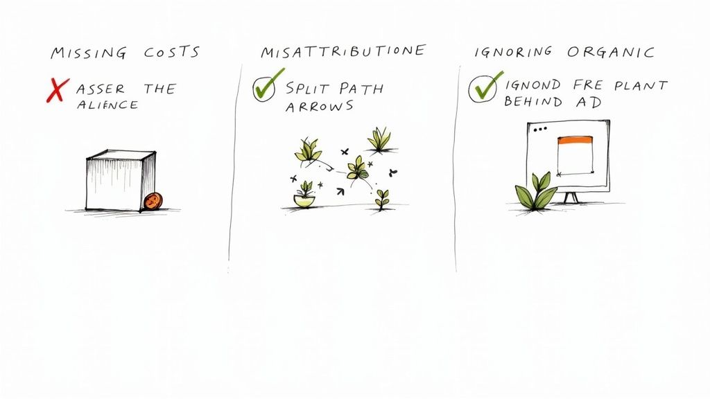 Illustration of three common marketing analysis pitfalls: missing costs, misattribution, and ignoring organic growth.