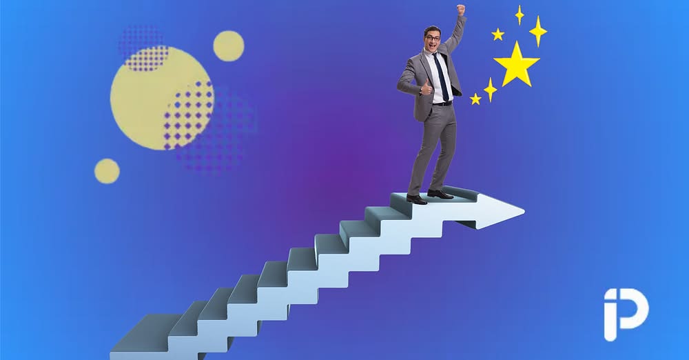 Illustrated figure climbing stairs toward stars representing nonprofit career advancement