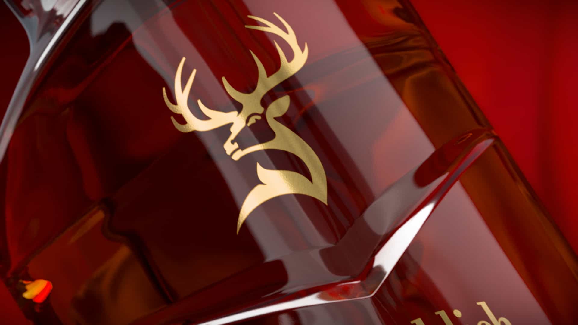 Mainframe beverages work: Glenfiddich whisky bottle with gold logo in a photorealistic sculpted CGI style for premium brands.