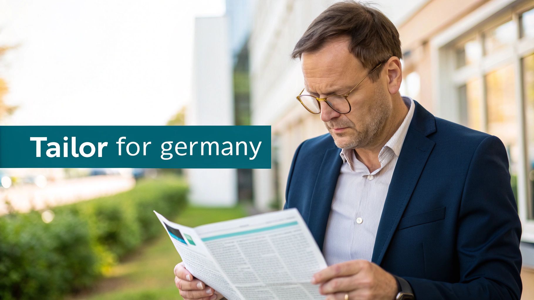 A focused man in a blue suit and glasses reads a document outdoors, with text 'Tailor for Germany'.