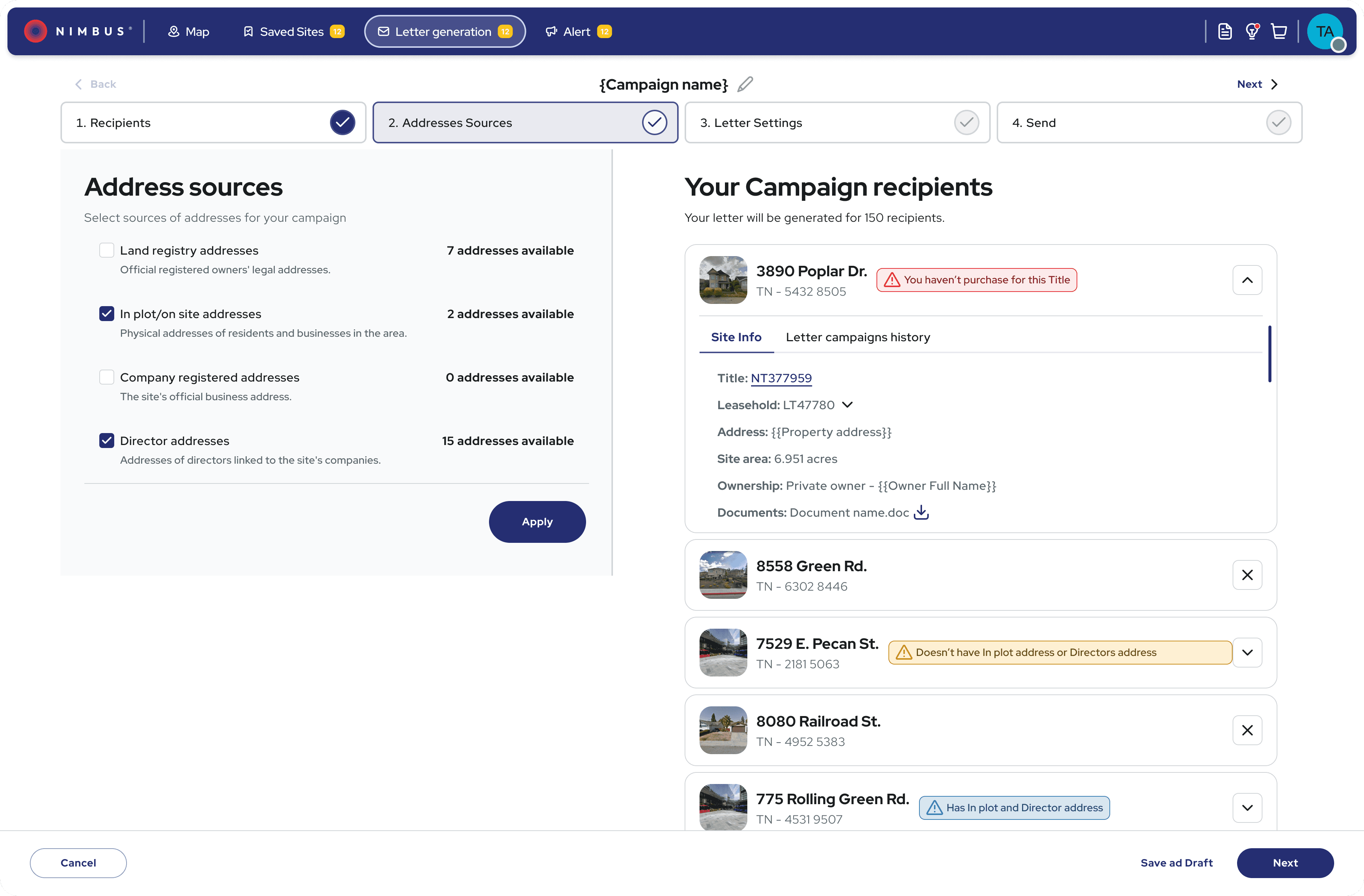 Letter generation screens