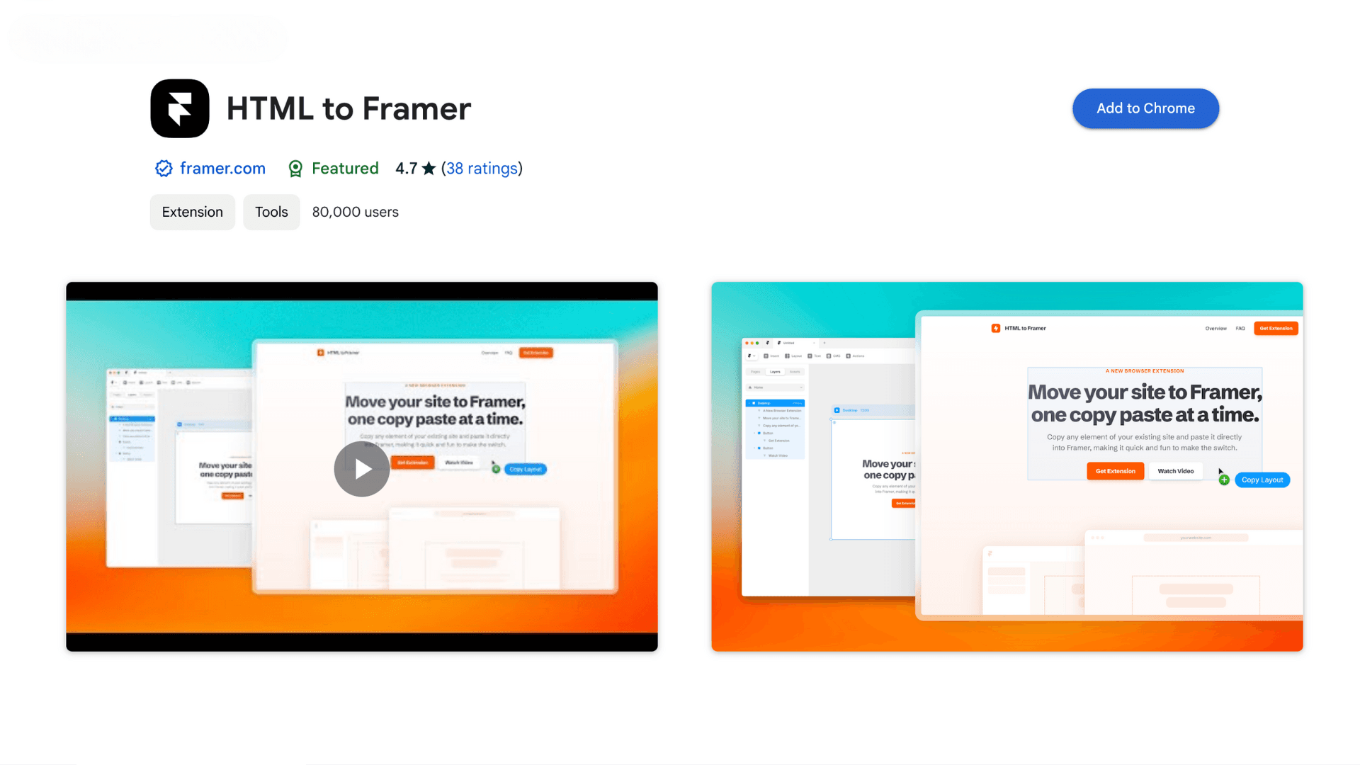 Screenshot of the 'HTML to Framer' extension on the Chrome Web Store, showing interface previews and an option to add the extension to Chrome
