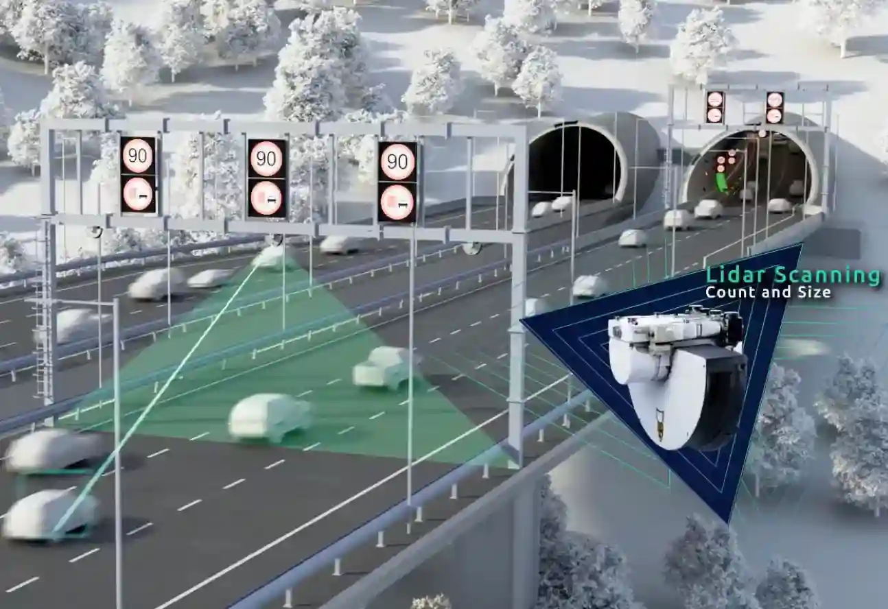 3D-visualisering av en lidarsensor som skannar motorvägstrafik vid en tunnelmynning