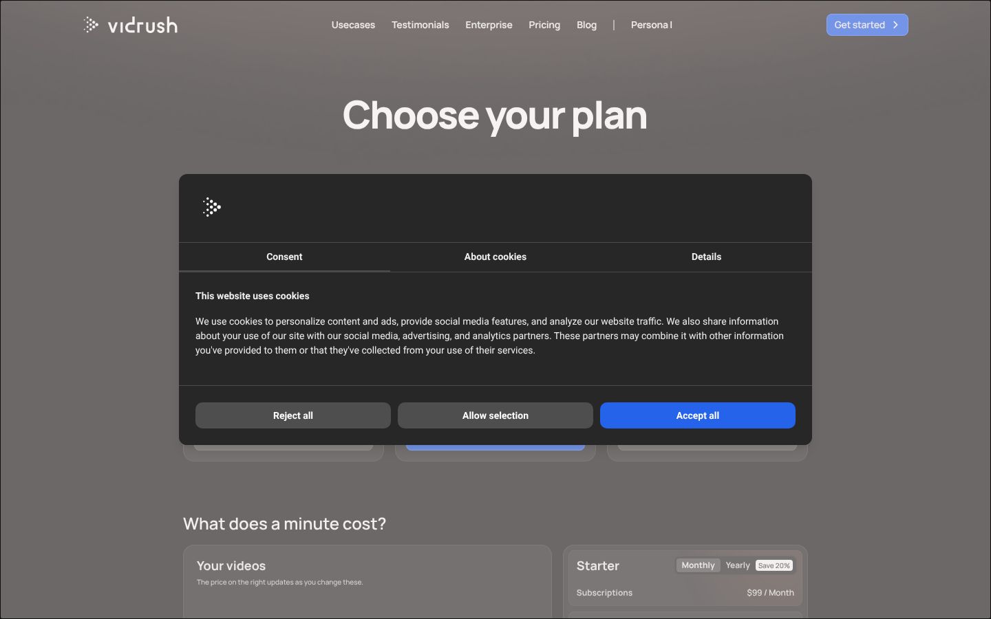 VidRush pricing table showing the Starter and Creator plans with monthly prices and credit allowances.