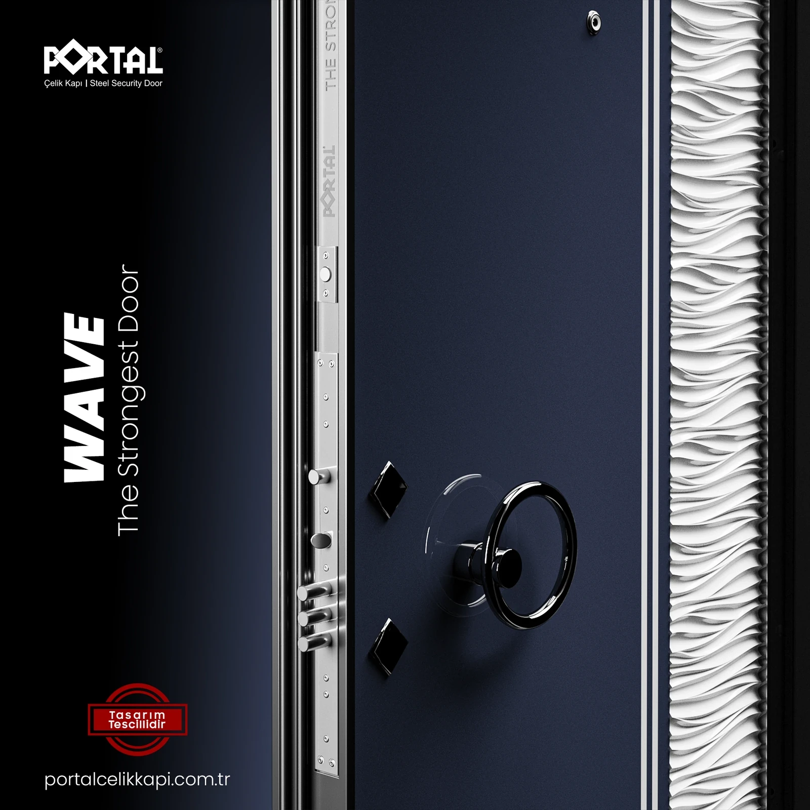 Portal Door Wave steel security door visualisation with a navy finish, circular handle and textured wall detail.