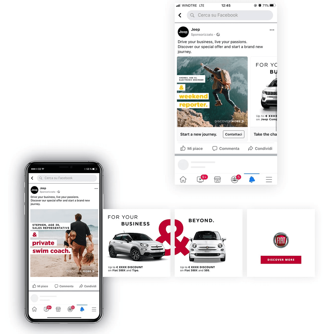 Mockup di inserzioni social della campagna Fleet & Business con veicoli Fiat e Jeep.