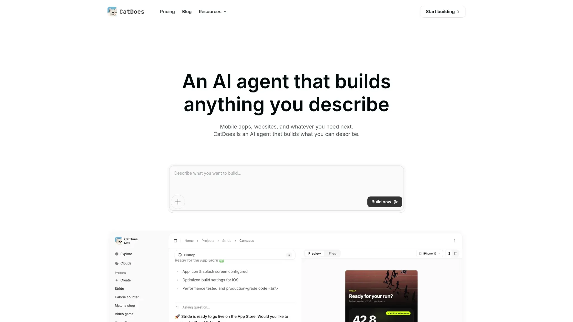 The CatDoes prompt box where you describe the website you want the AI agent to build