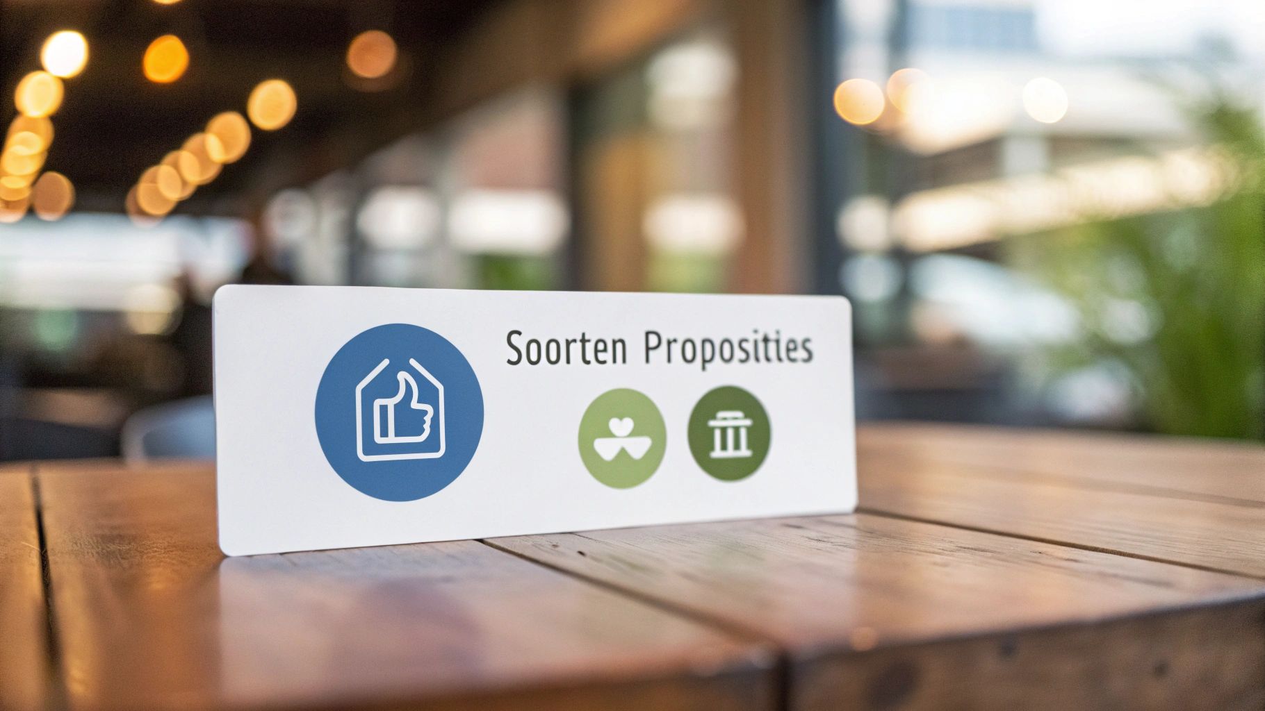 Een witte tafelstandaard met 'Soorten Proposities' en drie iconen: een duim omhoog in een huis, een klavertje en een stembus.