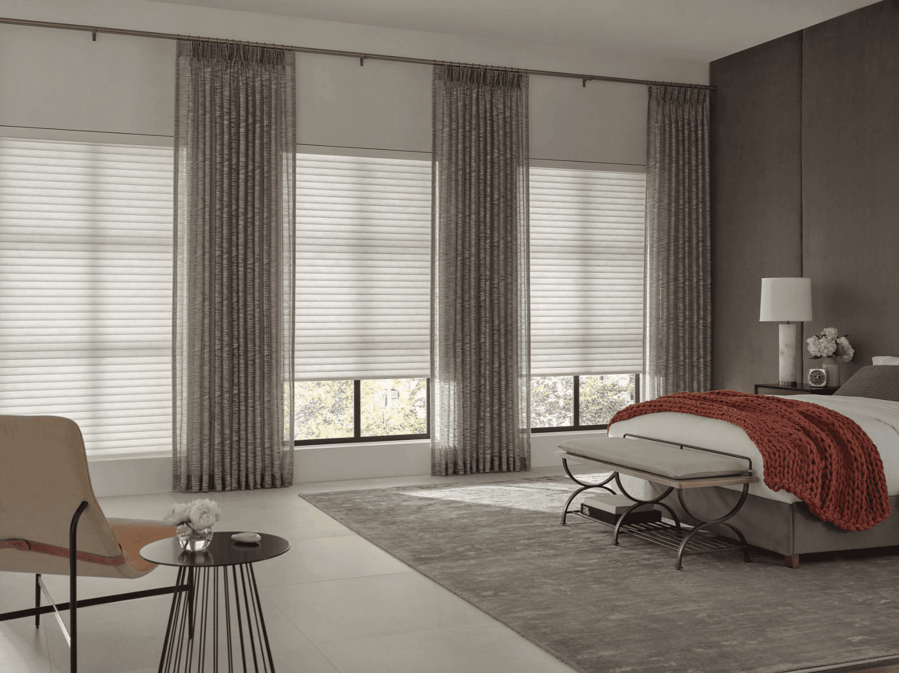 Sonnette Cellular Roller Shades with Powerview Motorized Automation in Bedroom 