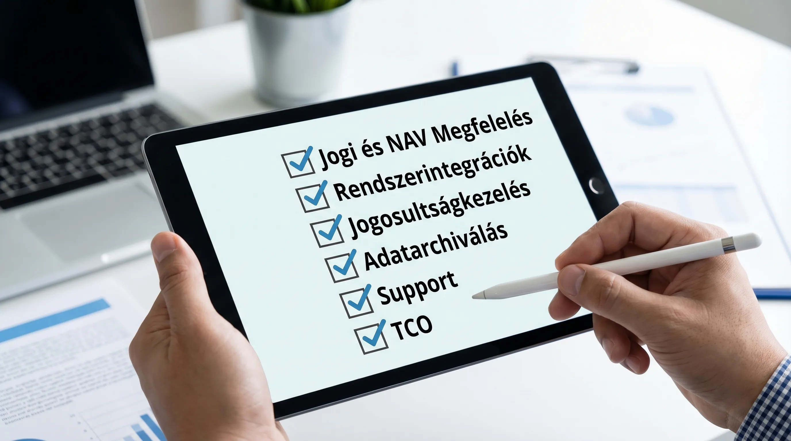Checklist illustration: regulatory and NAV compliance, integrations, permissions, archiving, support, and TCO.