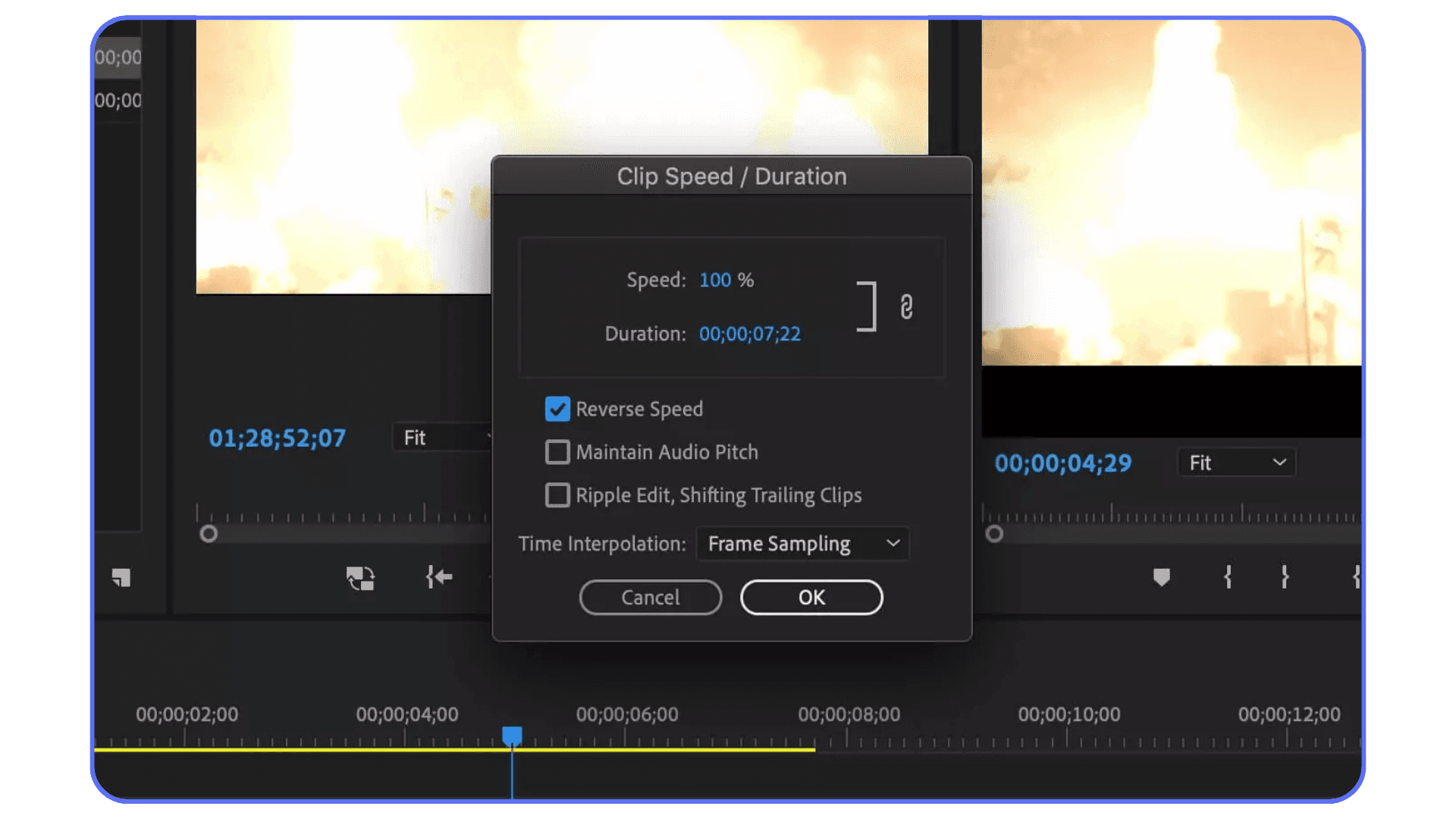 Speed and Duration settings window in Adobe Premiere Pro with reverse speed option enabled