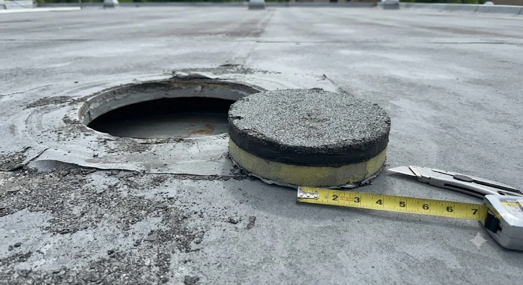 Core cut sample removed from a commercial flat roof showing membrane, insulation and deck layers