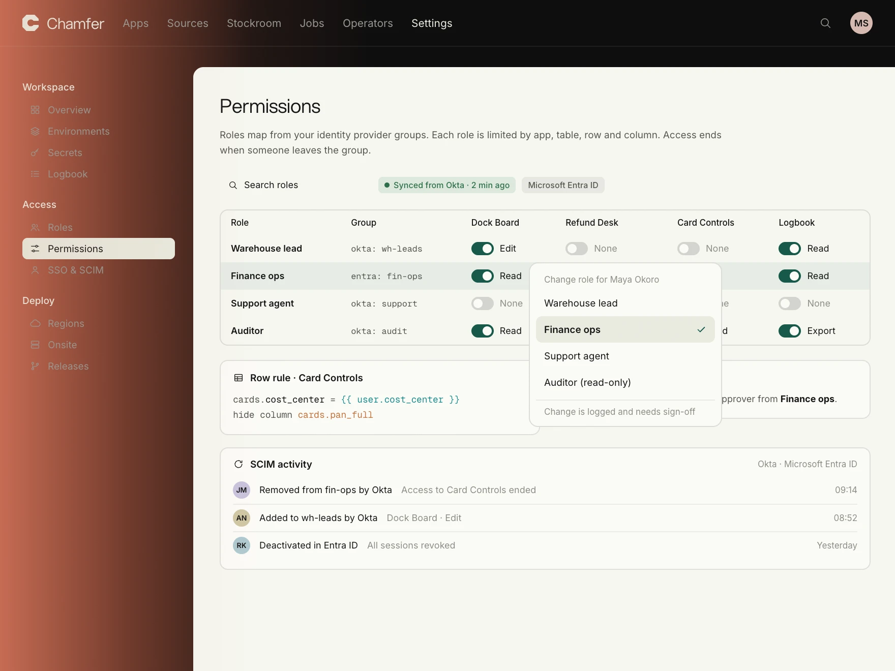 Chamfer permissions matrix with roles mapped from Okta and a row rule