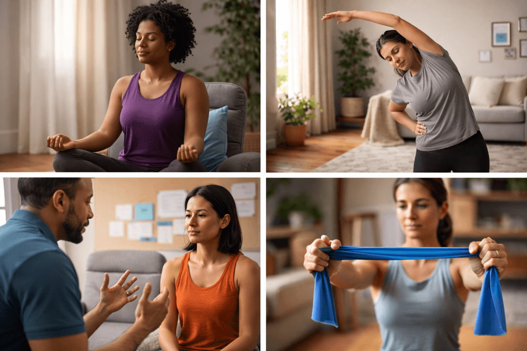 Four-panel image showing a diverse group of people using different physical therapy tools for chronic pain, including meditation, stretching, a patient–therapist conversation, and strength training.