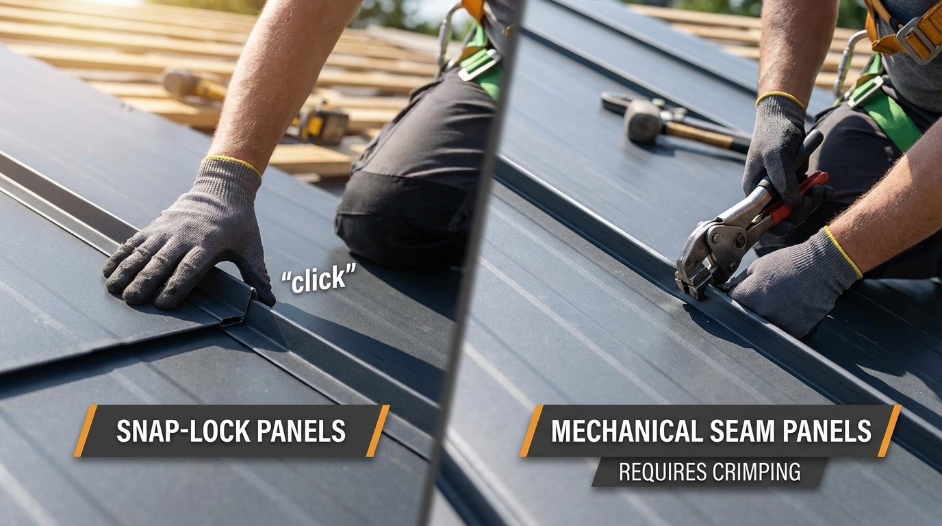 Side-by-side comparison of snap-lock and mechanical seam metal roof panels showing seam differences