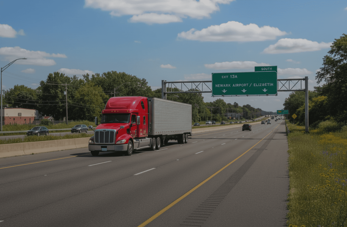 A red semi-truck drives on a highway with green road signs and a blue sky in the background.
