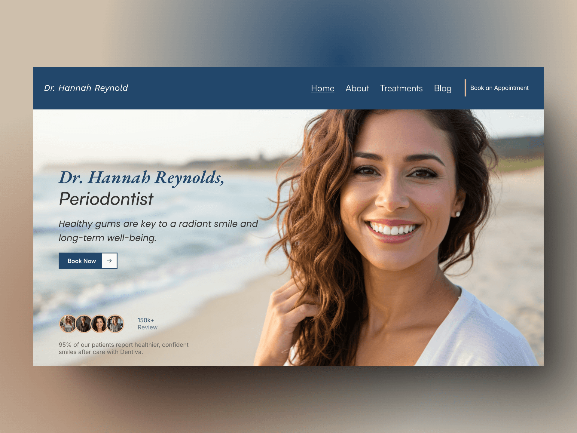 Framer dentist website screenshot showing a hero with a radiant smile, perfect for periodontology sites.