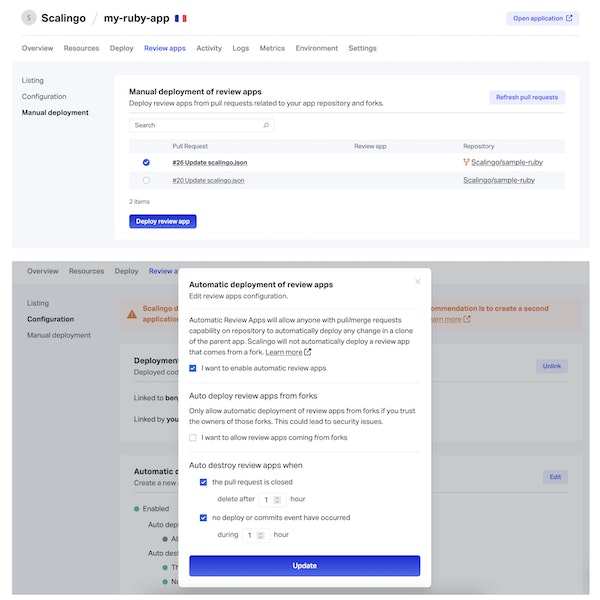 Exemple de dashboard du PaaS Scalingo avec fonctionnailté review apps