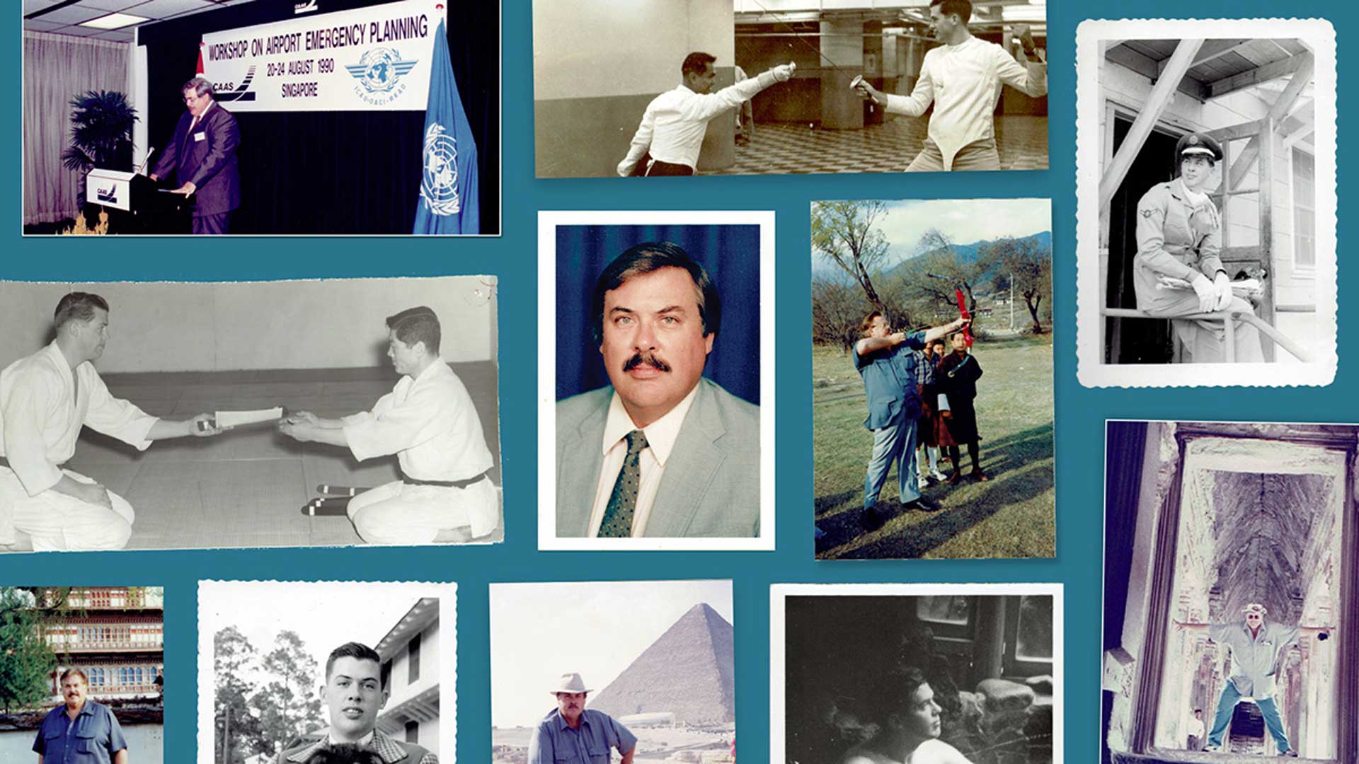 A collage of nine black and white photographs on a teal background. The photos depict various scenes, including martial arts demonstrations, a presentation banner, a man with a mustache, a group of people in a grassy area, a pyramid, a man in a suit, a group of people in a building, and a man in a light-colored shirt and dark pants.