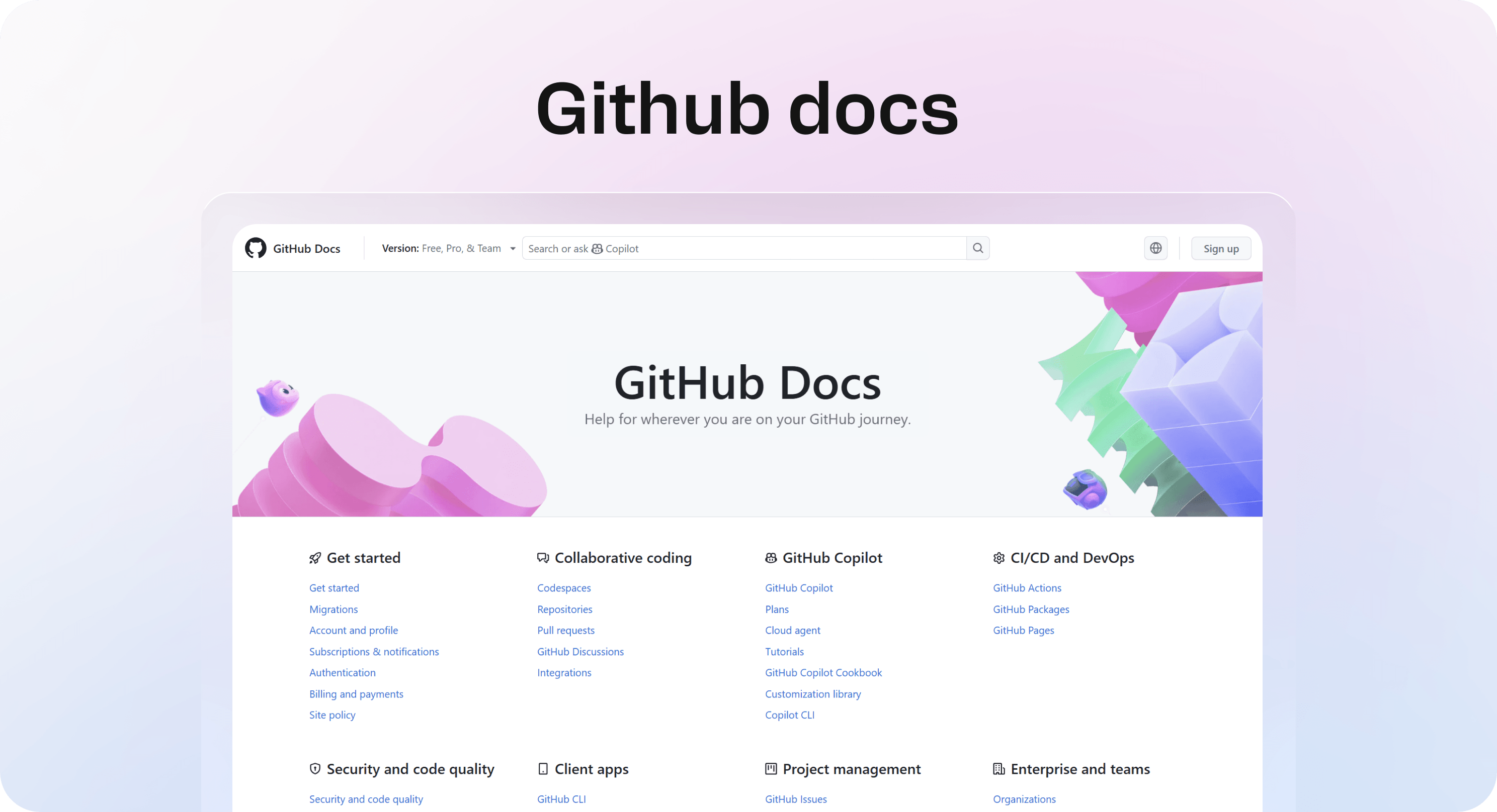 GitHub Docs homepage organized by getting started, coding, security, project management, and developer topics