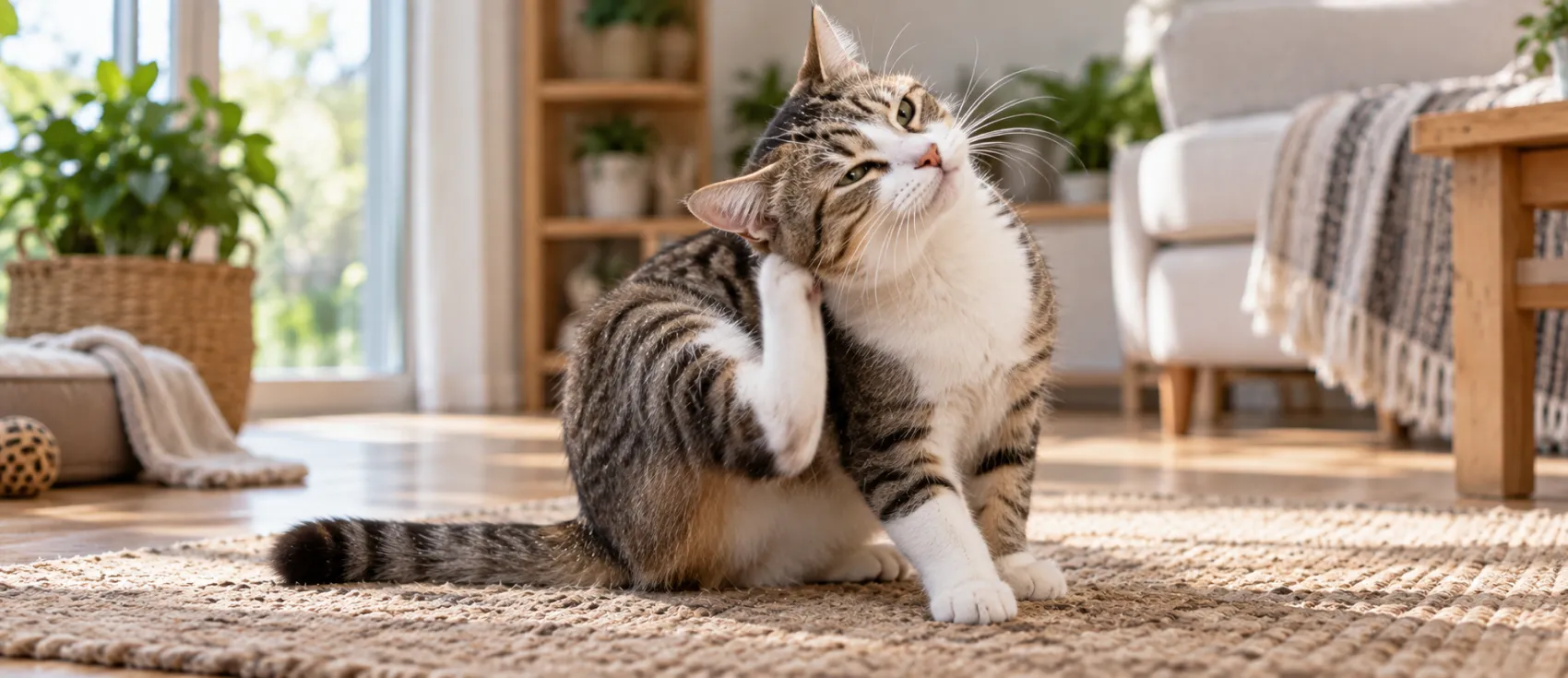 Tabby and white cat scratching itself, a common sign of flea infestation.