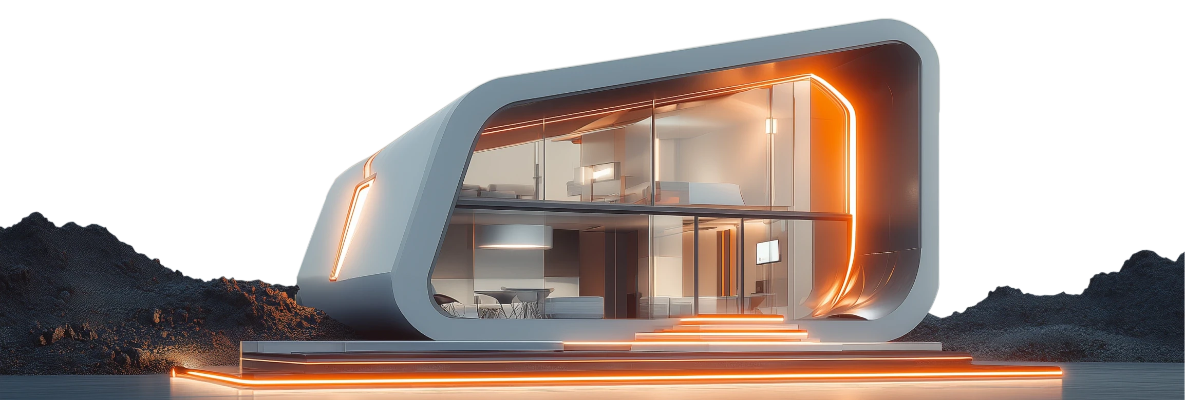 Futuristic modern house with glowing orange lighting, large glass windows, and a dark mountain landscape in the background.