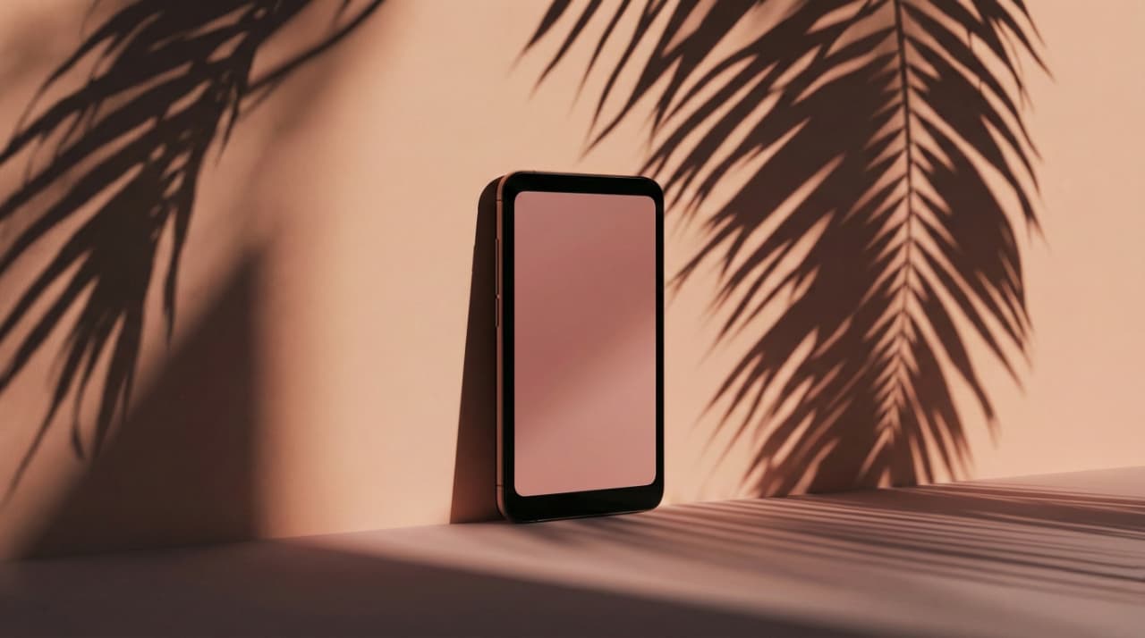 A smartphone with a blank screen leans against a peach background. Palm leaf shadows cast on the wall create a calm, tropical vibe.