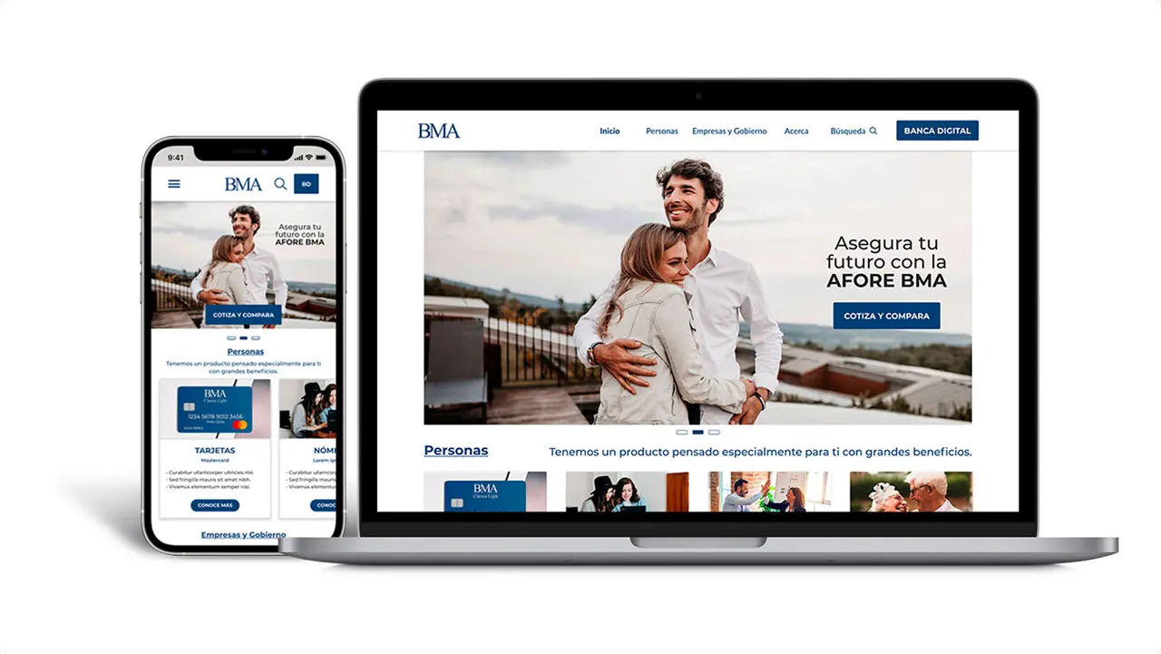 Maqueta de alta fidelidad del proyecto 'Banco Mexicano del Ahorro'; presenta el diseño responsivo del portal bancario en versiones para escritorio y móvil, destacando una interfaz segura, limpia y orientada a la gestión financiera del usuario.