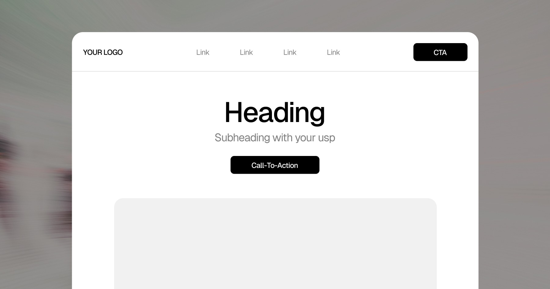 Clean white landing page design featuring a logo, navigation, prominent heading, subheading, and two CTA buttons.
