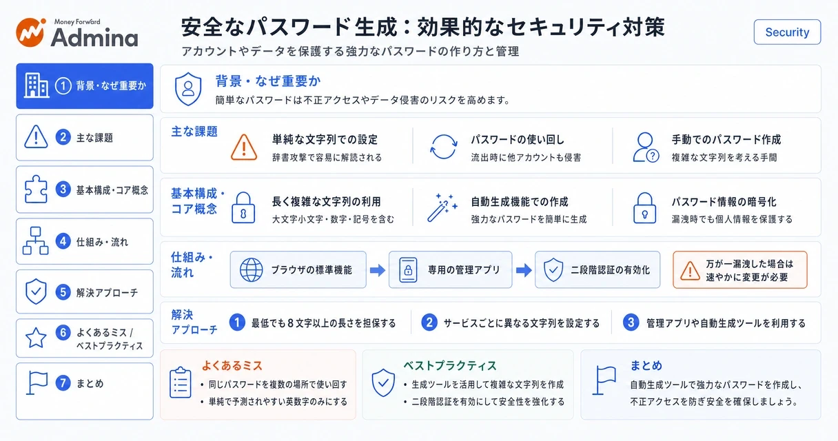 強固なパスワードを生成するための重要なポイントとセキュリティ対策の具体的な手順を整理した解説図。