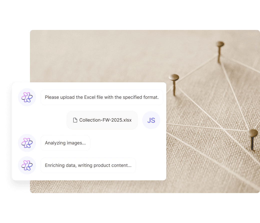 A light-colored corkboard displays several metal pins connected by white thread, alongside a digital interface showing tasks like uploading an Excel file, analyzing images, and writing product content.