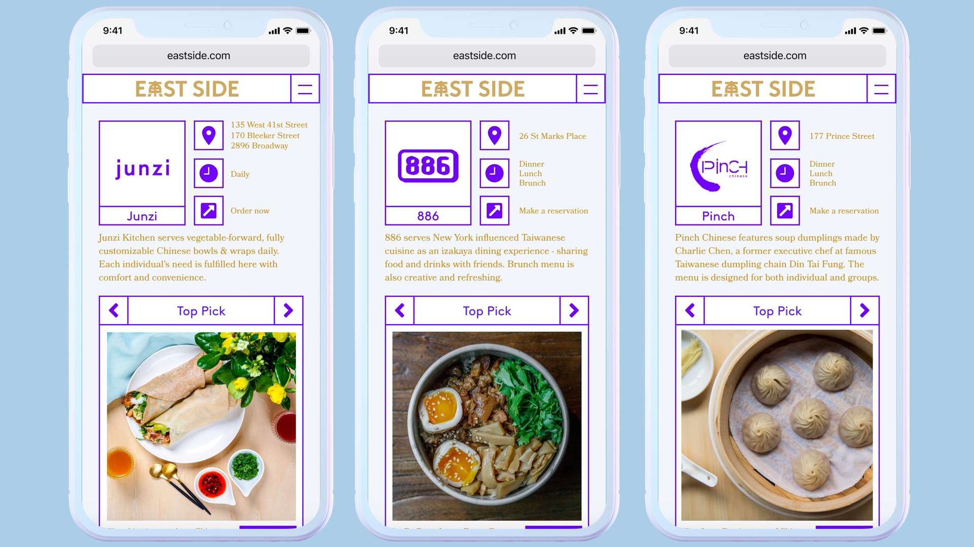 Three smartphone screens display food menus from East Side. Each menu shows the name “Junzi” and a description: “Junzi Kitchen serves vegetable-forward, fully customizable Chinese bowls daily. Each individual’s need is fulfilled here with comfort and convenience.” The menus include “Top Pick,” “Top Pick,” and “Top Pick,” each with images of food items and menu options.