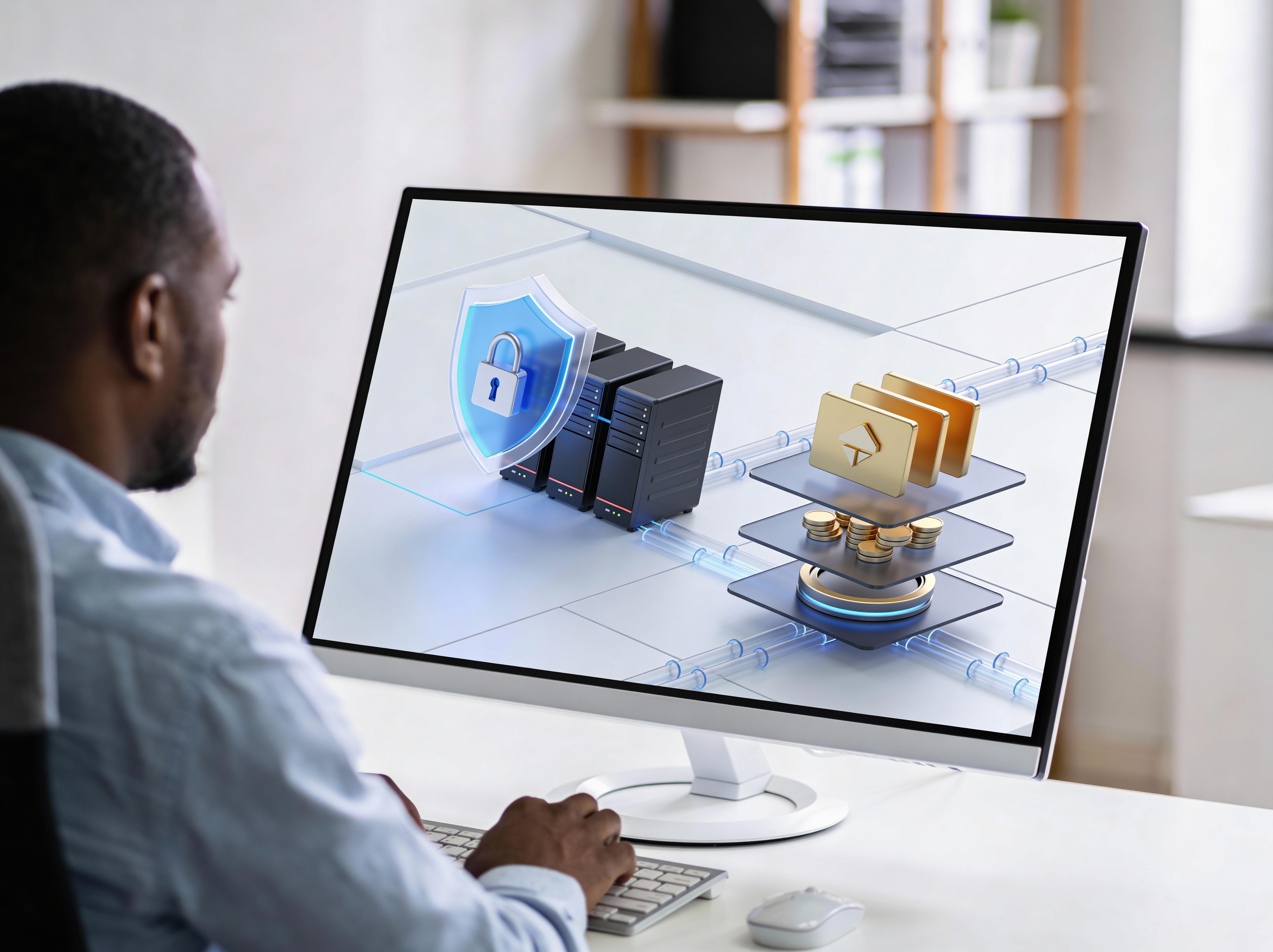 Visualization of a secure platform architecture with protected systems, controlled data flows, and governance mechanisms for monitoring and securing IT infrastructures in regulated enterprise environments from lennlay