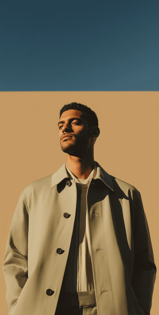 Man in beige overcoat looking upward against a tan wall.