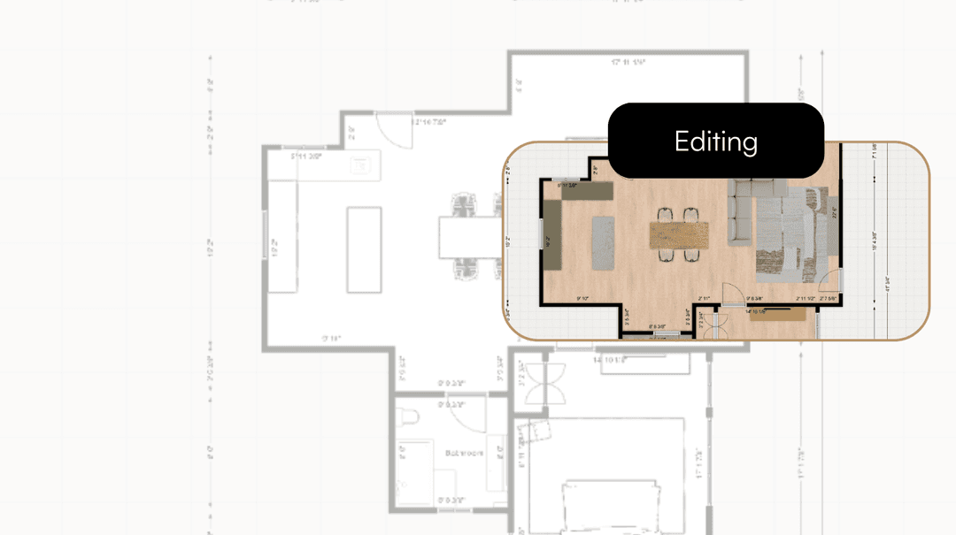 Floor plan editing interface showing layout with highlighted dining and living space in 3D view