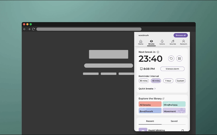 Interface mockup of a productivity app with a timer, sound options, color filters, break activities, settings, and recent activities.