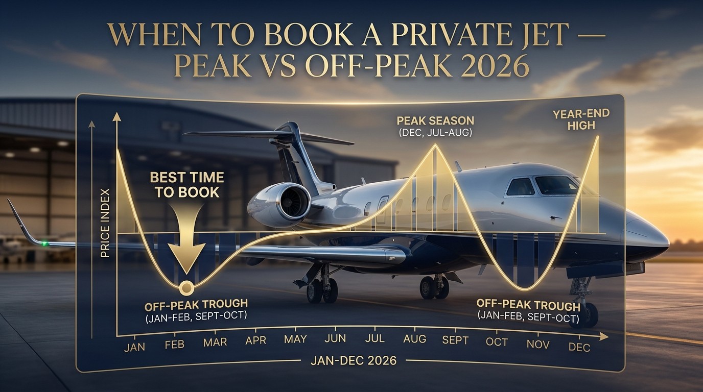 Private jet peak vs off-peak pricing guide — when to book cheapest, seasonal popular routes, empty legs, cost-saving timing 2026 ACK