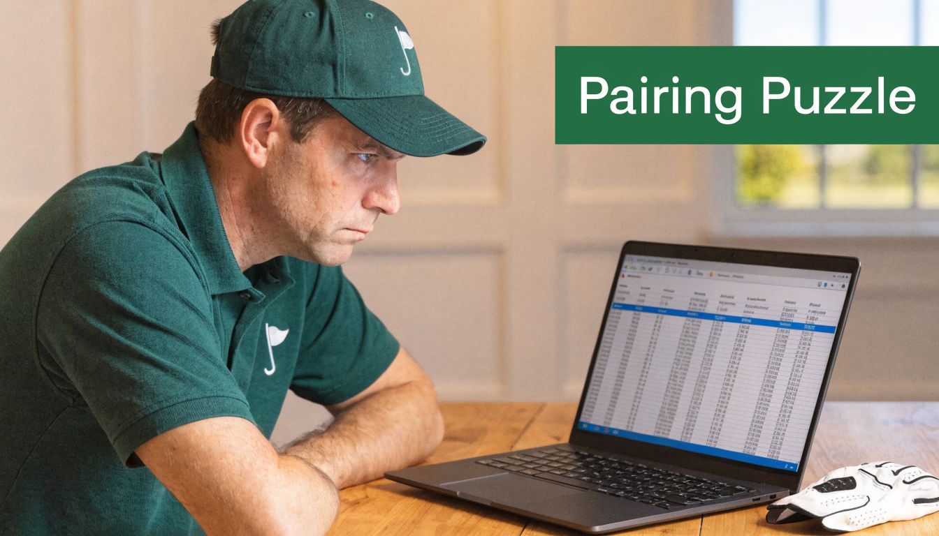 A man in a green golf cap and shirt analyzing tournament pairings on his laptop screen.
