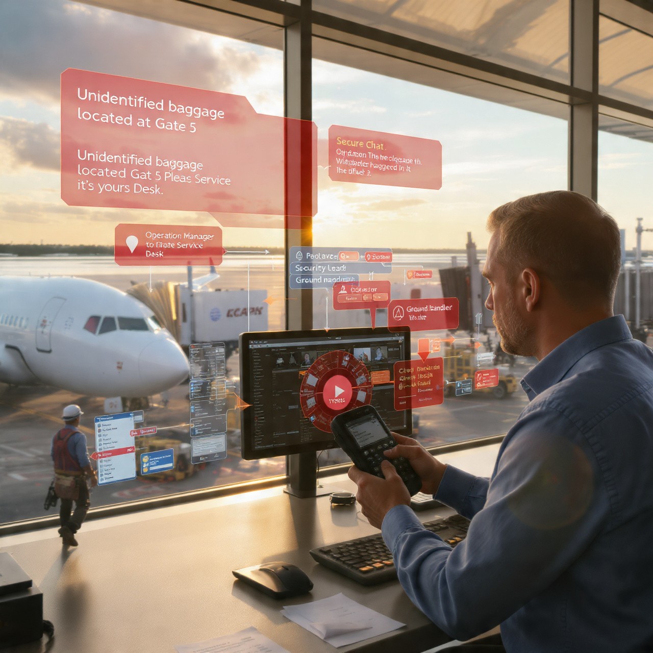 Airport staff using Tyros® mobile app for operations, incident reporting, SOS alerts, and real-time tracking