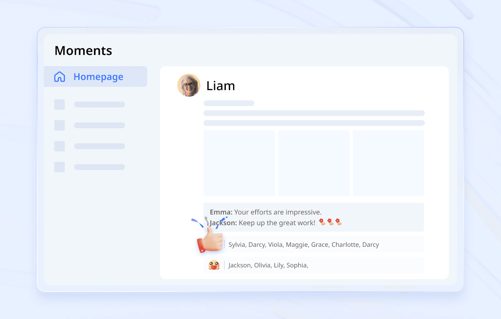 An employee sharing their favorite images on Moments, which garnered comments and emojis