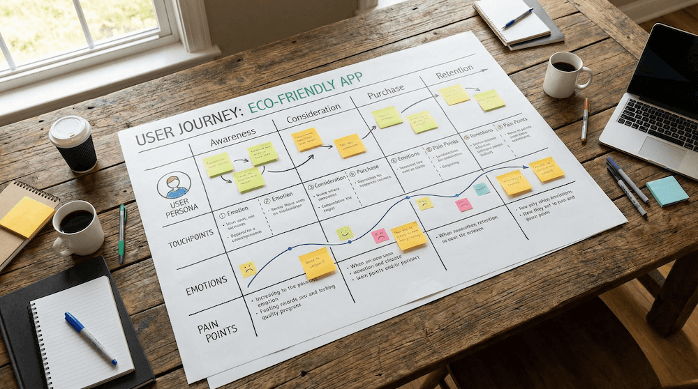 Großes Plakat auf einem Holztisch mit einem User-Journey-Diagramm für eine umweltfreundliche App, umgeben von Notizblöcken, Stiften, zwei Kaffeetassen und einem Laptop